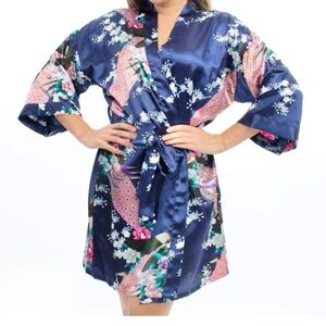 Women’s Navy Floral Peacock Light Satin Kimono Robe Lux Slumber Party Soft